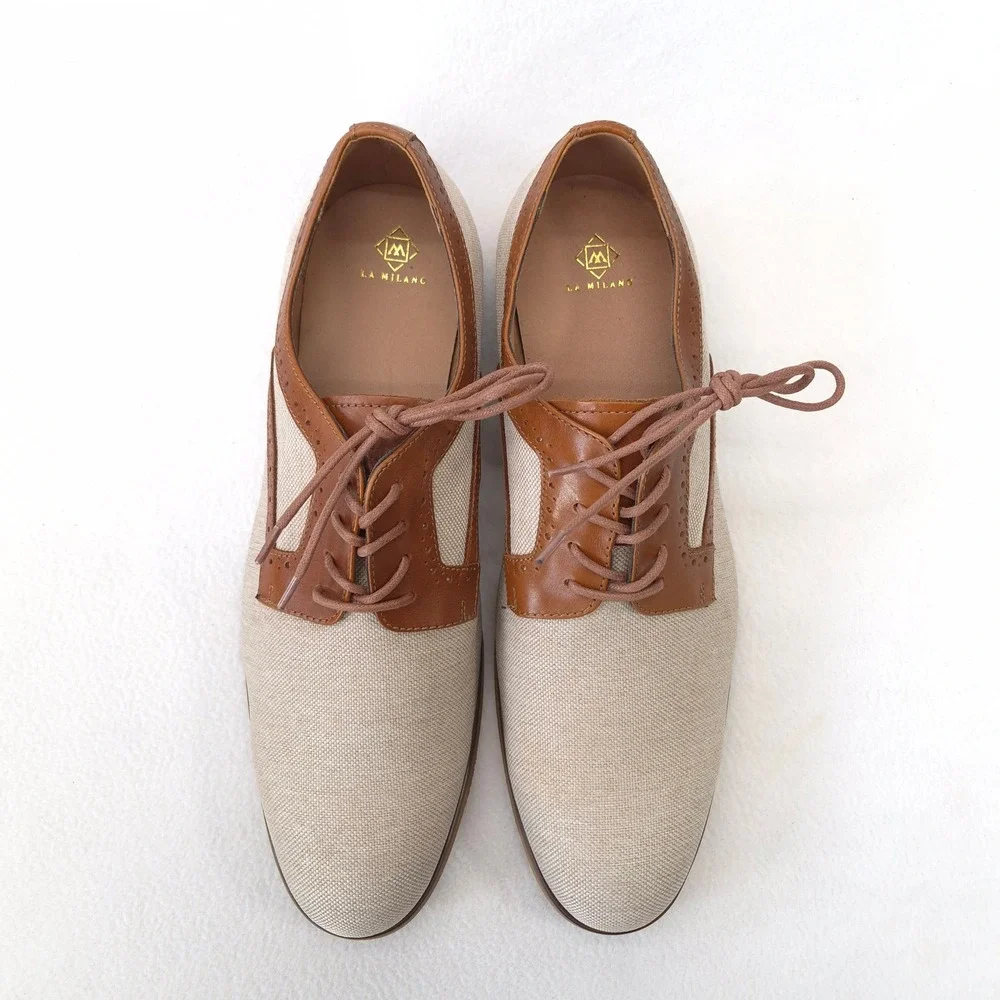 La Milano Wingtip Oxford Tan Beige Canvas Leather Two-Tone Size 14
